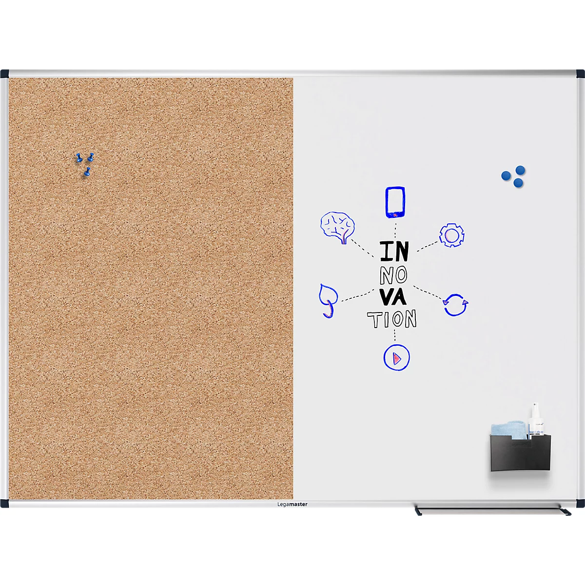 Combibord Legamaster UNITE, prikbord &amp; whiteboard, B 1200 x D 12,6 x H 900 mm, gelakt staal &amp; natuurkurk, wit &amp; bruin